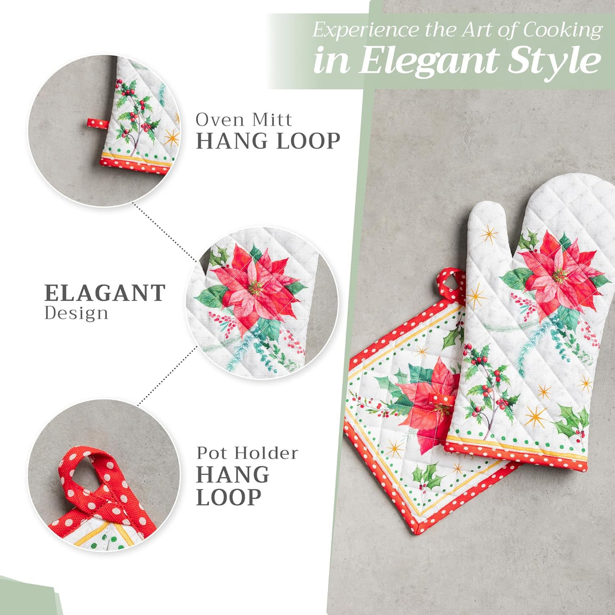 Maison d' Hermine 100% Cotton Oven Mitt & Pot Holder Set (7.5"x13" & 8"x8") Heat Resistant BBQ Cooking Gloves with Loop, Baking, Grilling, Kitchen, Handling Hot Pans (Poinsettia Christmas)