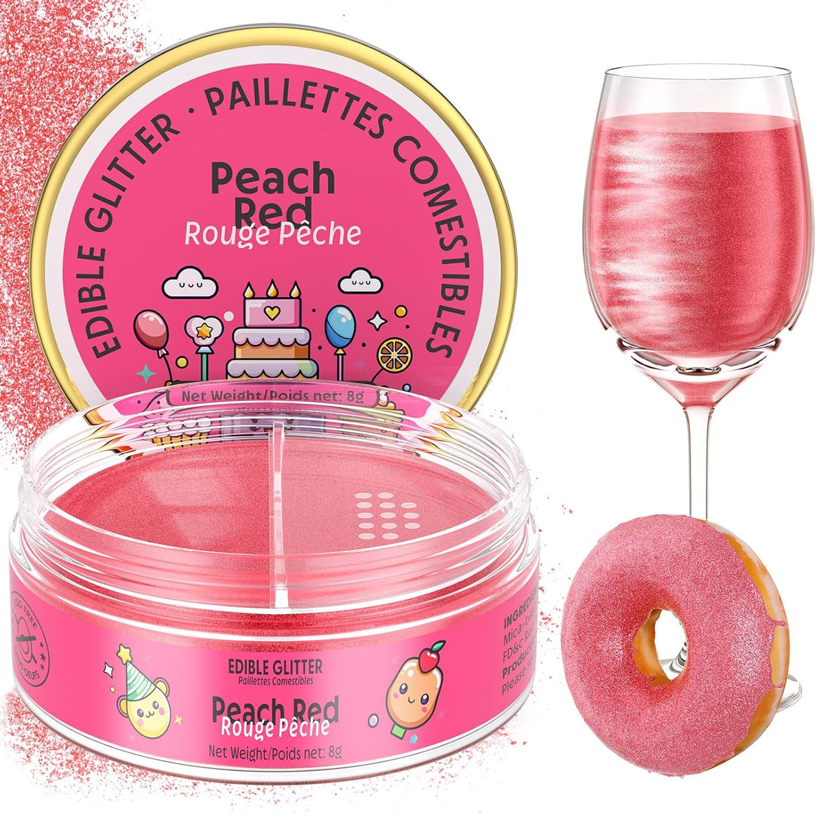 Nomeca Edible Glitter for Drinks Cakes, 8 grams Food Grade Luster Dust Sprinkles Glitter for Cake Decorations, DIY Cocktails, Beverages & Cake Decorating, Dessert Cake Topper (12-Peach Red)