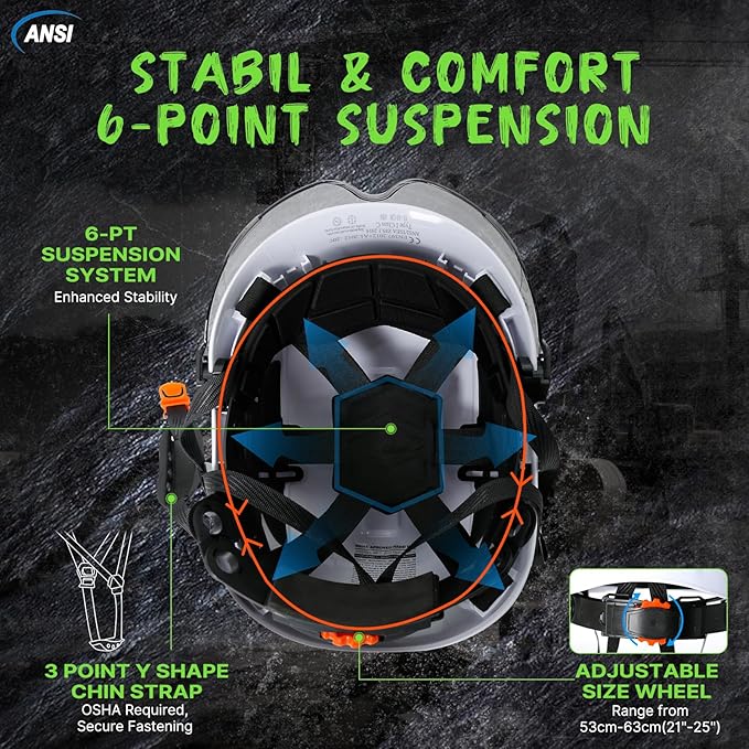 AOLAMEGS Construction Safety Hard Hat - ANSI Z89.1 Approved Safety Helmet with Visor & 50pcs Hard Hat Stickers Sliding Vented Hardhat for Men Women Adults Industrial Workwear Outdoor (Smoke Visor)