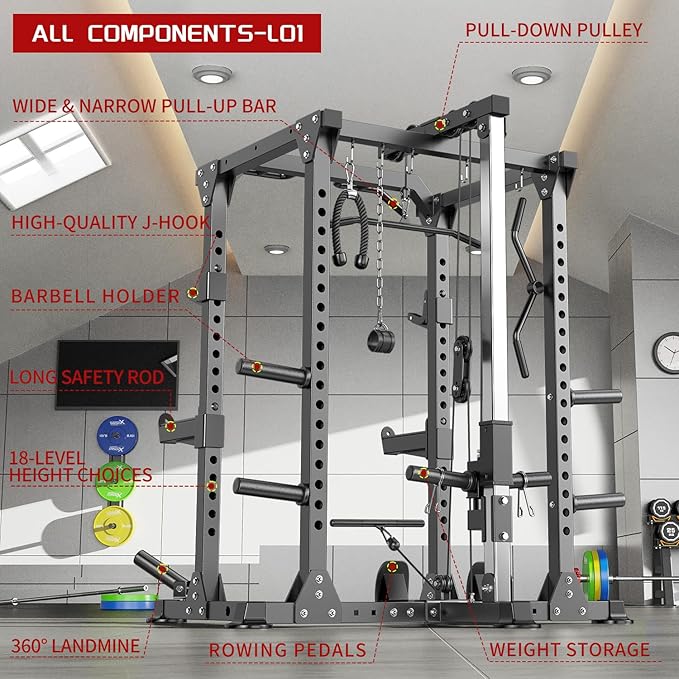 Power Rack Power Cages Multi-Function Squat Rack with Cable Crossover System Selectable More Training Attachment Weight Cage for Garage Home Gym
