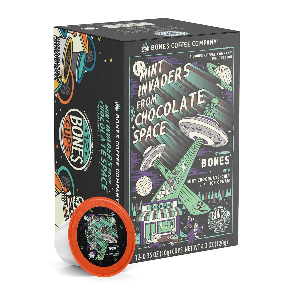 Bones Coffee Company Mint Invaders, Mint Chocolate Chip Flavored Coffee Pods, Low Acid Medium Roast Single-Serve Bones Cups, Compatible with Capsule Brewers Coffee Maker, 12 Count