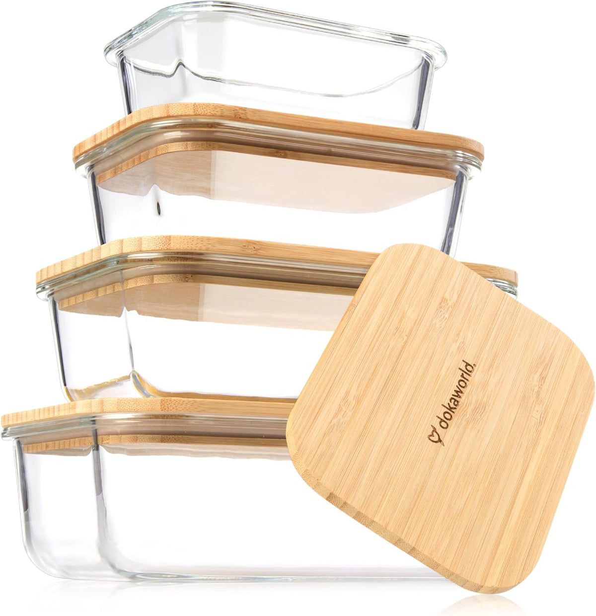 Set of 4 Stackable Space-Saving Nesting Glass Containers with Airtight Bamboo Lids - Lunch, Meal & Food Prep - Microwave & Oven Safe BPA Free Durable Heat Resistant Inert Borosilicate Glass