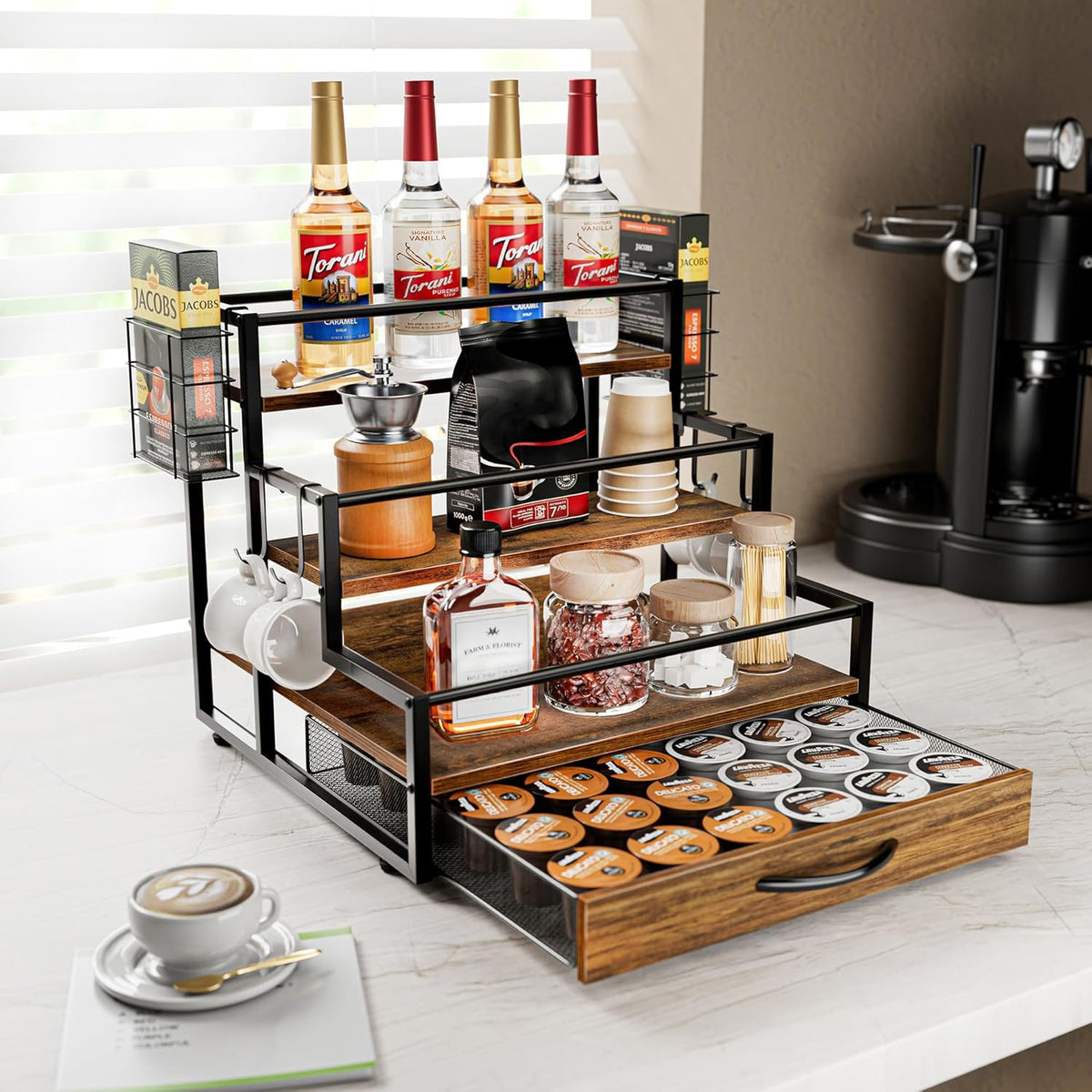 Coffee Syrup Organizer Rack, 4-Tier Syrup Bottle Holder Stand with 36 K Cup Pod Drawer Storage for Coffee Bar, 12 Bottles Storage Shelves for Syrup, Wine, Dressing for Kitchen Coffee Station