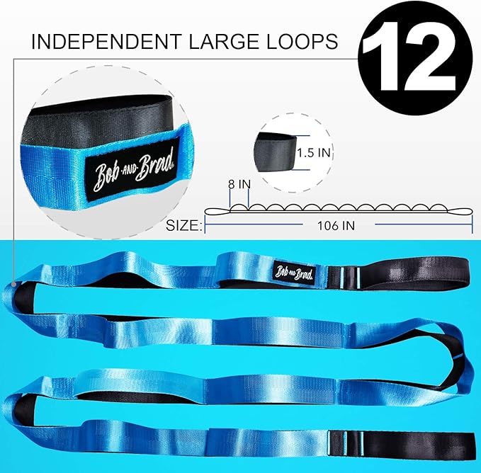 BOB AND BRAD 12 Loop Yoga Stretch Strap - Non-elastic for Stretching, Physical Therapy, Pilates, Dance, Gymnastics, and Athletic Trainers With Carry Bag