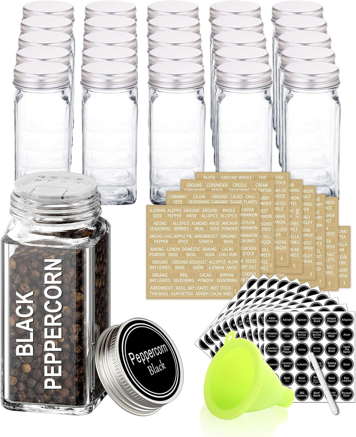 SWOMMOLY 25 Glass Spice Jars with 703 Spice Labels, Chalk Marker and Funnel Complete Set. 25 Square Glass Jars 4OZ, Airtight Cap, Pour/sift Shaker Lid