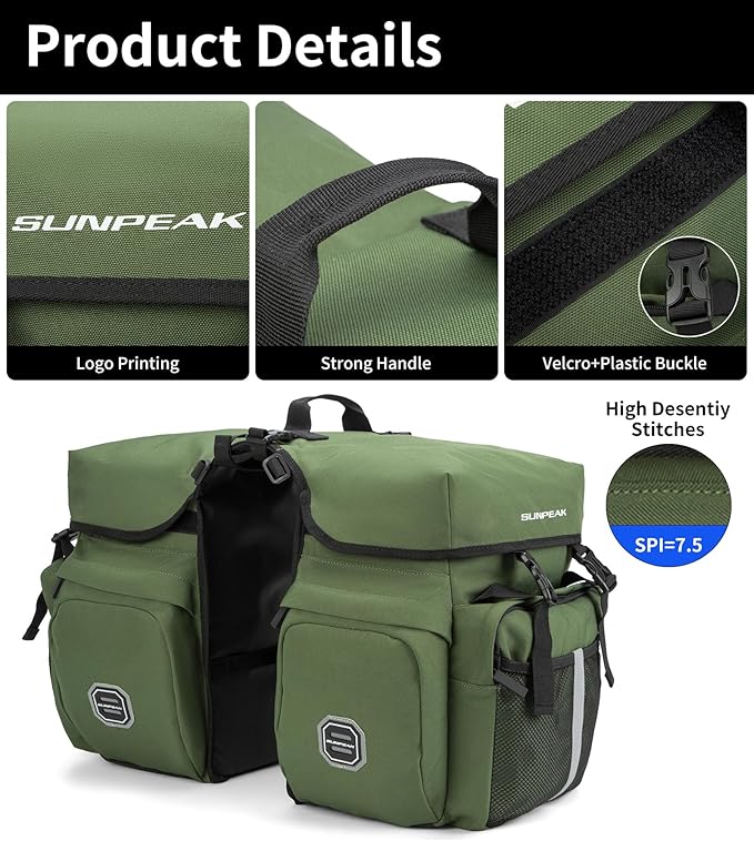 Bike Bag Accessories Panniers for Bicycle Rear Rack Bag 45L Waterproof Mountain Electric Bike Saddle Bag for Cycling Traveling Commuting Green