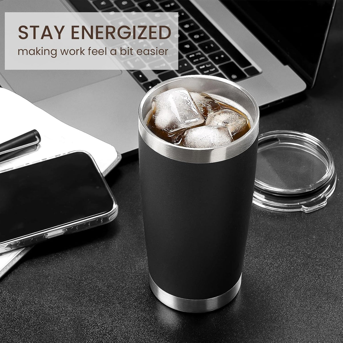 MEWAY 20oz Tumbler 4 Pack Double Wall Vacuum Insulated Travel Mug Bulk, Stainless Steel Tumblers with Lid and Straw, Durable Powder Coated Coffee Cups for Cold & Hot Drinks (Black, 4)