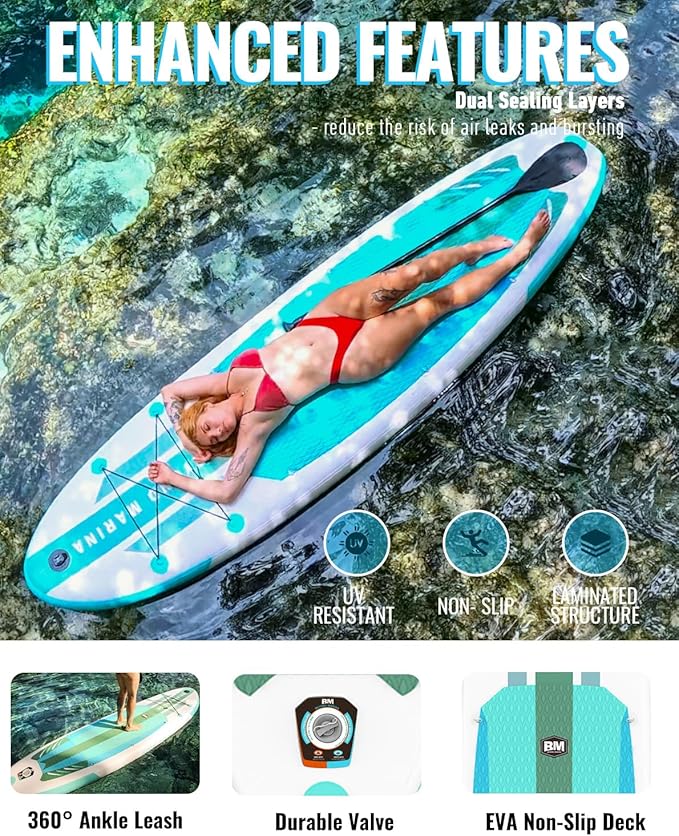 BM Paddle Board Inflatable Stand Up Paddle Board, SUP Paddleboard for Adult, Premium Accessories | Non-Slip EVA Deck & Foam Handles, Camera Mount, Double Action Pump, 85L Travel Backpack