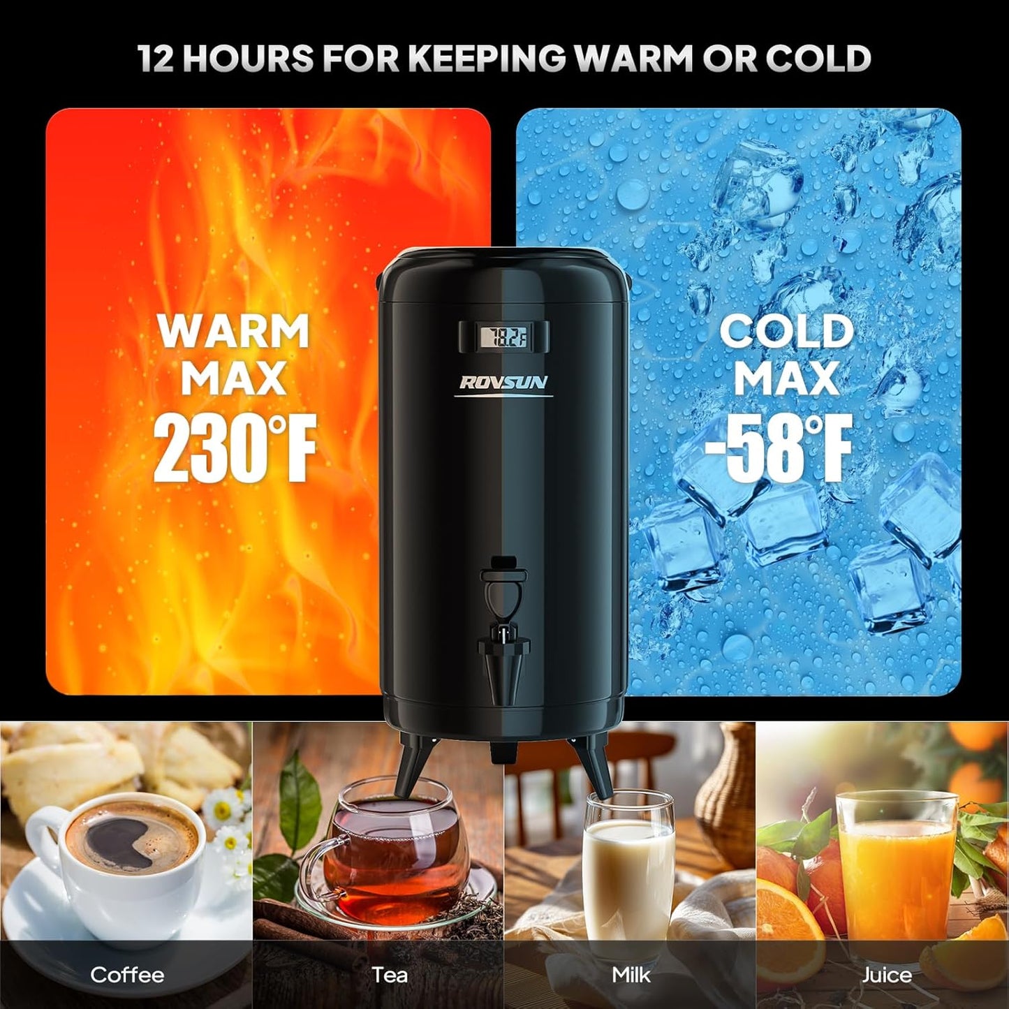 ROVSUN 3.2 Gallon Insulated Beverage Dispenser, Stainless Steel Hot and Cold Drink Dispenser, Ice and Hot Drink Server w/Spigot, Hot and Cold Beverage Server for Coffee, Tea, Milk & Juice