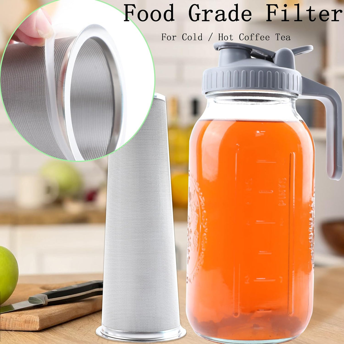 Cold Brew Mason Jar Iced Coffee Maker 64 Oz Wide Mouth Jar Cold Brew Pitcher With Coffee Filter Food Grade Airtight & Leak-Proof Pitcher 2 Quart