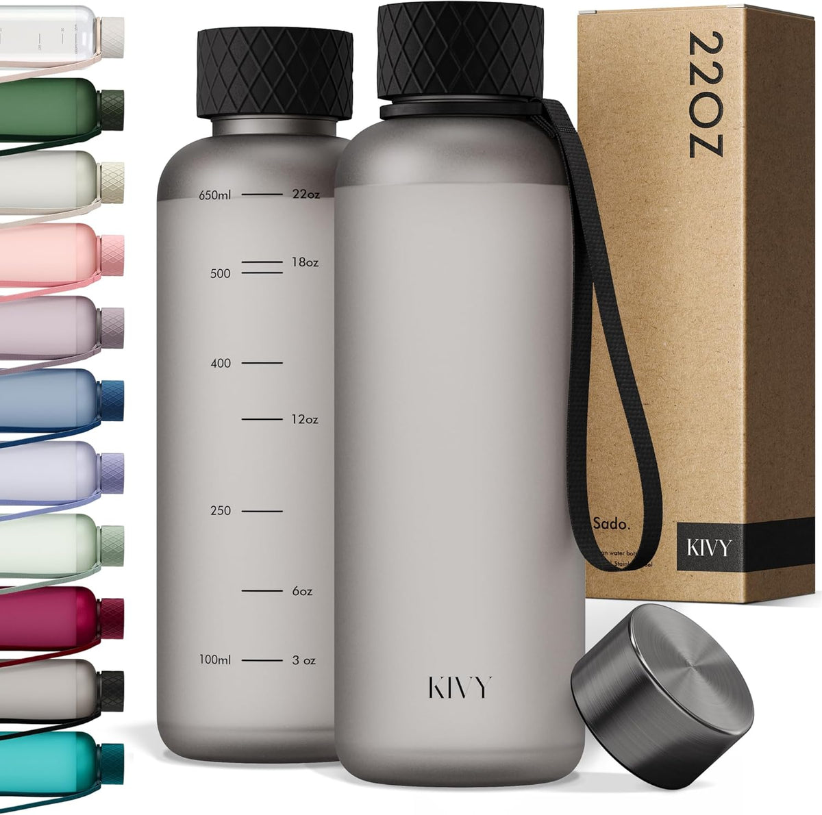 KIVY Tritan Water Bottle with removable sleeve - 22 oz Water Bottle screw top - Reusable water bottle no straw - Aesthetic water bottle - Black bottle for men - Dishwasher safe