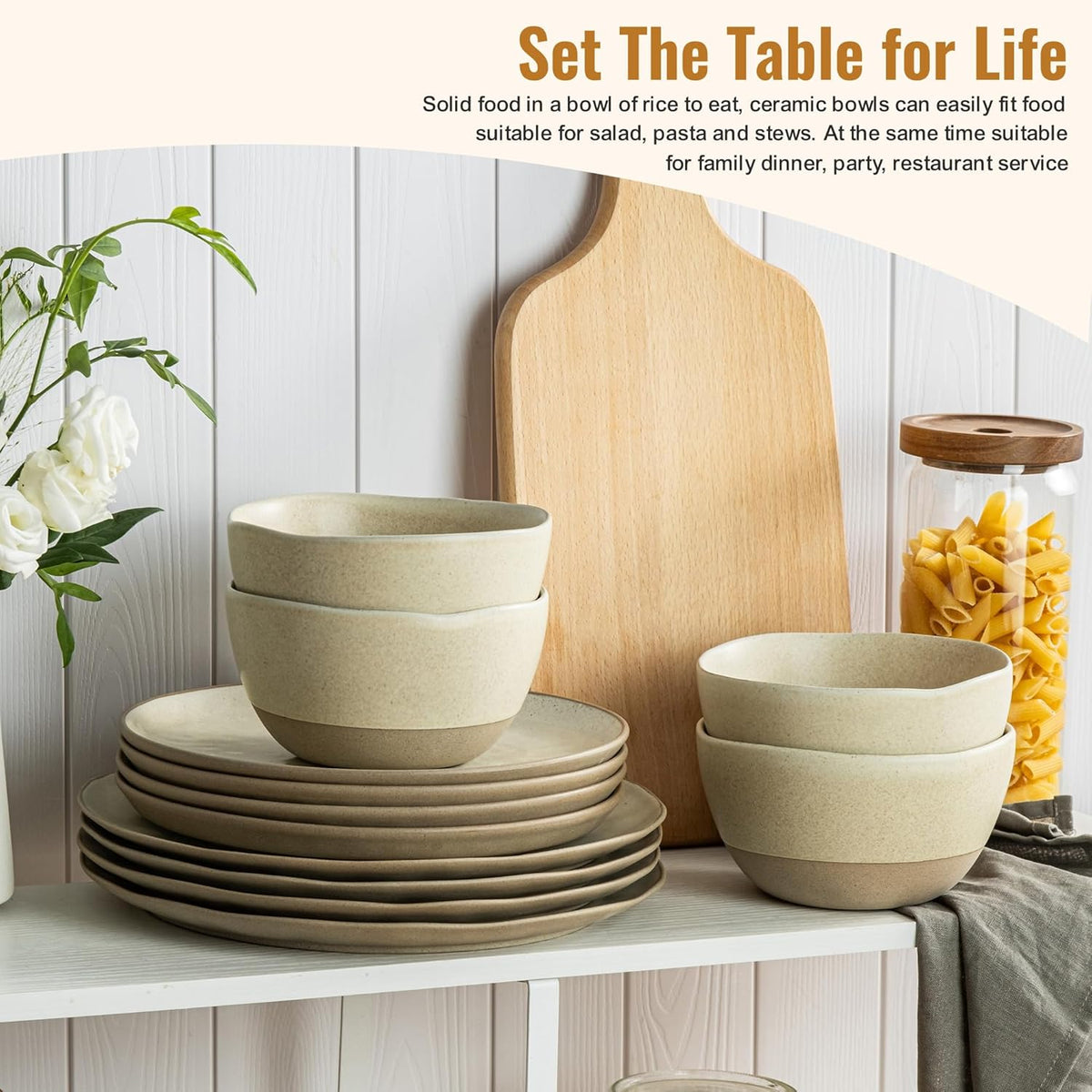 12 Pieces Dinnerware Sets,Plates and Bowls Sets, Handmade Reactive Glaze Dishes Set for 4 with at Least 10% Recycled Ceramic (Beige)
