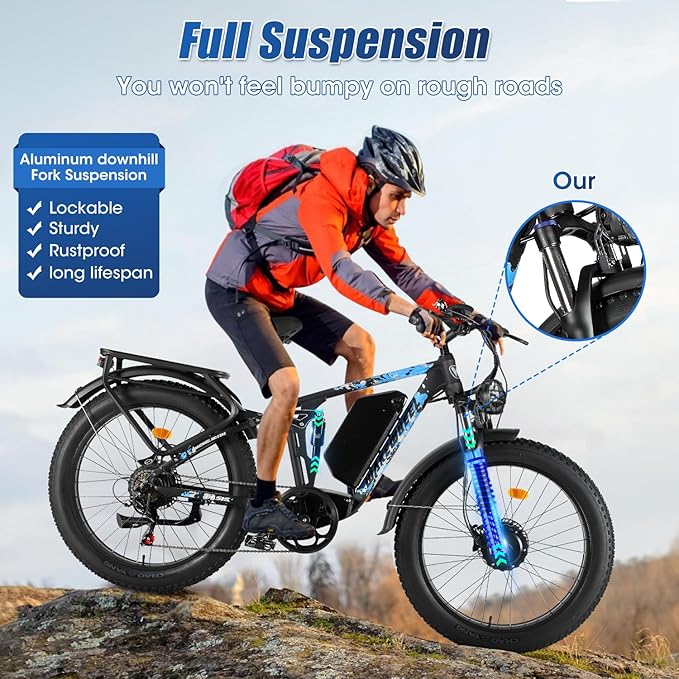 5000W 60V 26Ah Electric Bike for Adults, 60V Battery Ebike, 26"X4"Fat Tire,45MPH & 70 Miles Long Range,210Nm Mountain Bike Full Suspension, Hydraulic Brake Electric Bicycle,Rear Rack