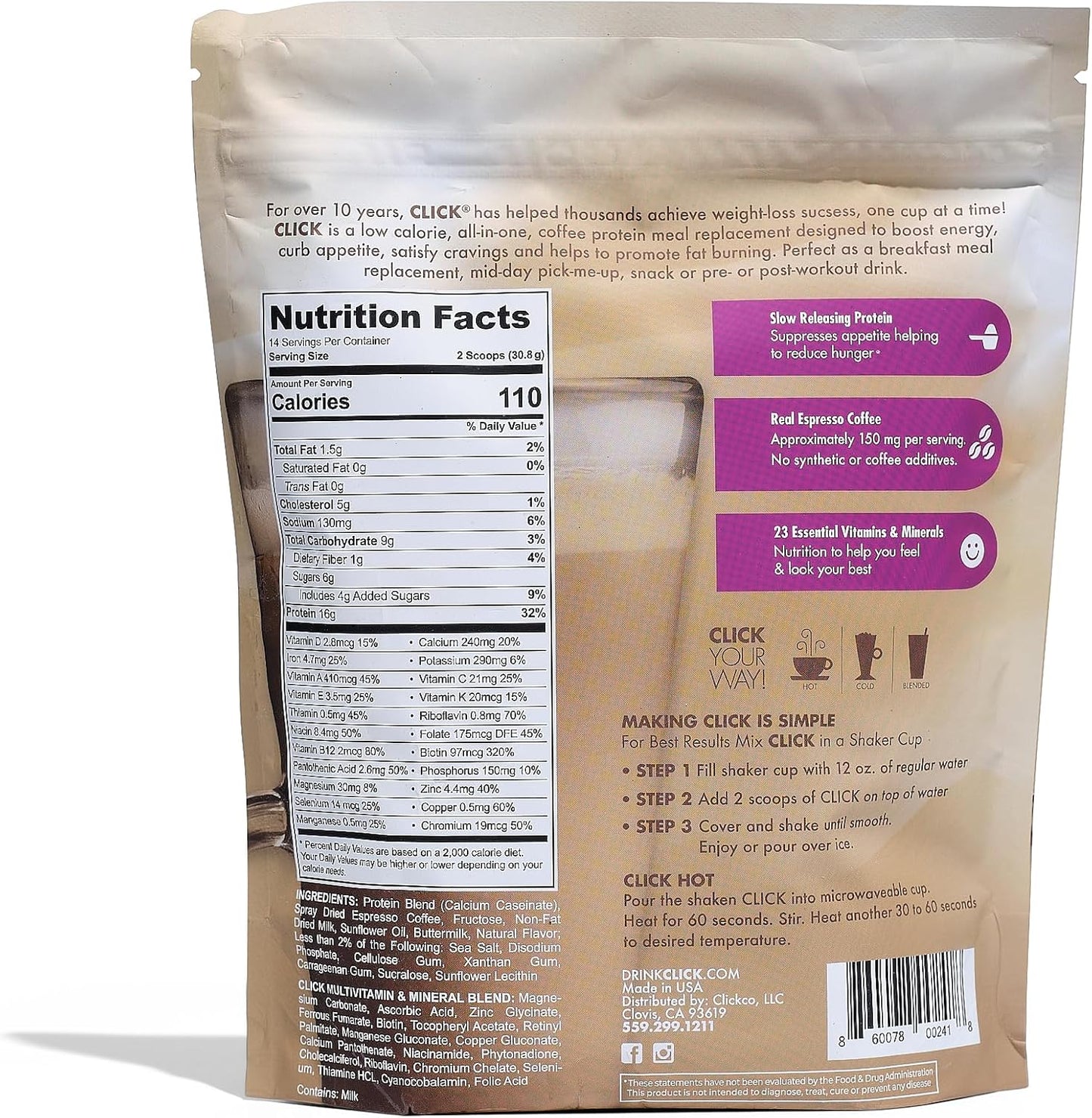 Click Coffee Protein Powder | Double Shot Espresso | 16g Protein | 23 Essential Vitamins | Low Calorie Meal Replacement | 150mg Caffeine | Gluten Free | No Artificial Flavors or Colors | Vanilla