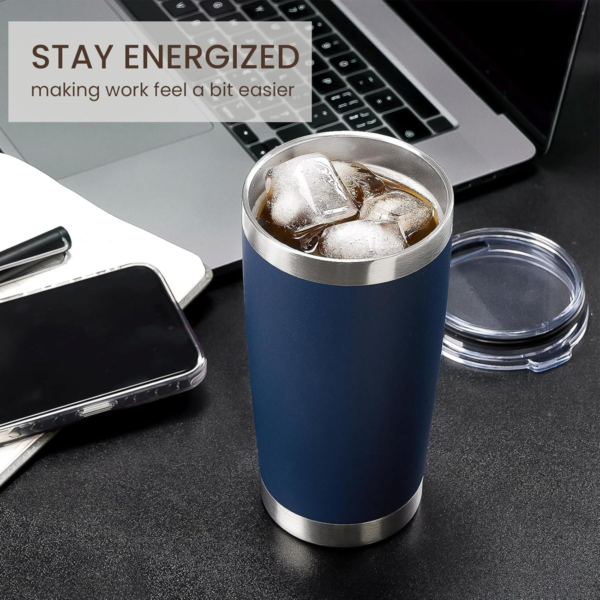 MEWAY 20oz Tumbler 4 Pack Double Wall Vacuum Insulated Travel Mug Bulk, Stainless Steel Tumblers with Lid and Straw, Durable Powder Coated Coffee Cups for Cold & Hot Drinks (Navy, 4)