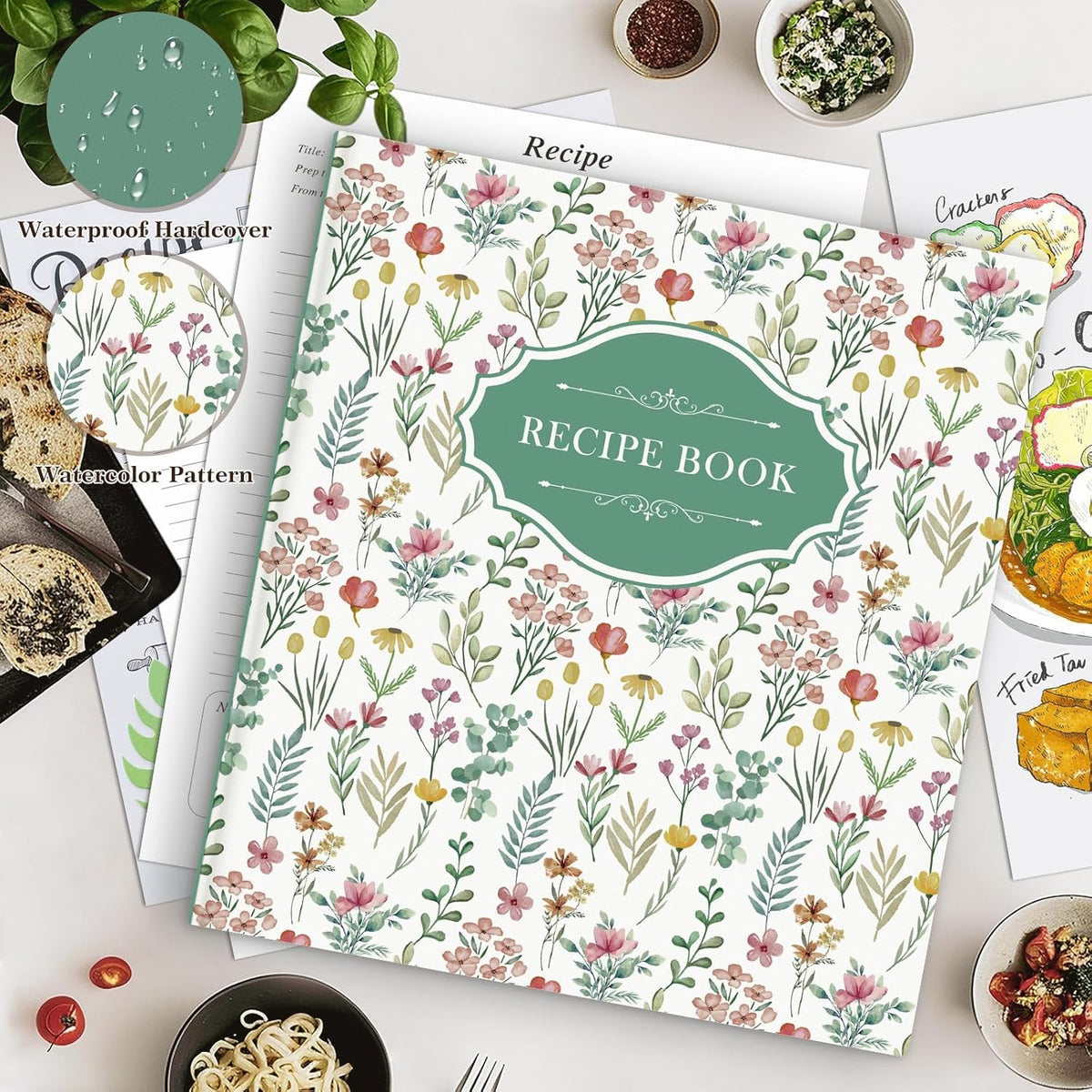 Lanpn Recipe Binder 8.5x11 3 Ring Kit, Blank Organizer Recipe Binder Waterproof Cookbook to Write in Your Own Recipes with 60 Plastic Sleeves,116 Recipes, Dividers,Labels & Stickers, Green