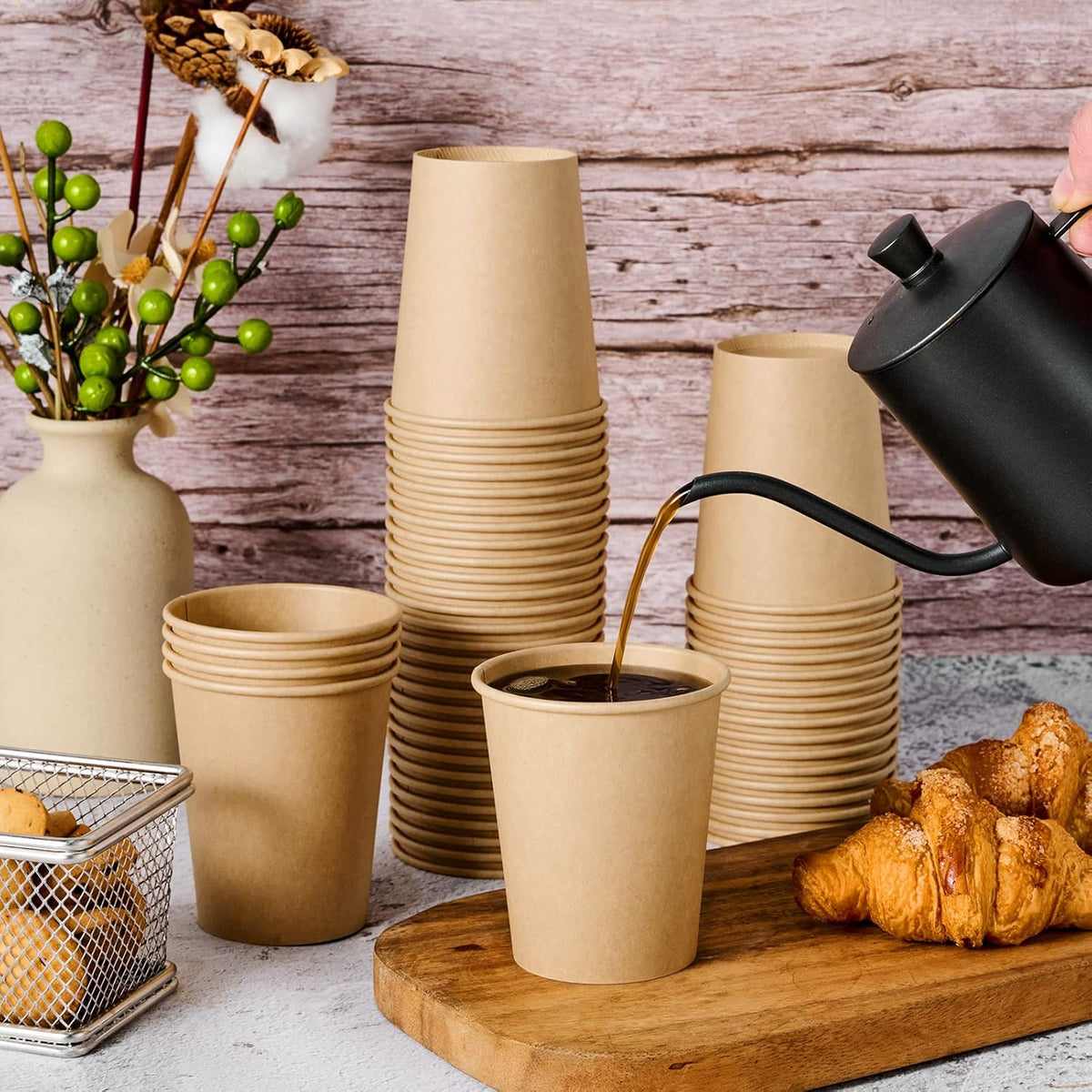 LITOPAK 100 Pack 8 oz Kraft Paper Coffee Cups for Water, Juice, and Tea, Disposable Hot Coffee Cups for Home, Restaurant, Store, and Cafe