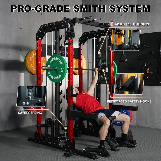 Smith Machine Home Gym with Aluminum Pulley Set - 2000lbs Capacity All-in-One Power Rack with Cable Crossover, Pull-Up Bar & Dip Station, Includes 18 Attachments, P107 Anvil
