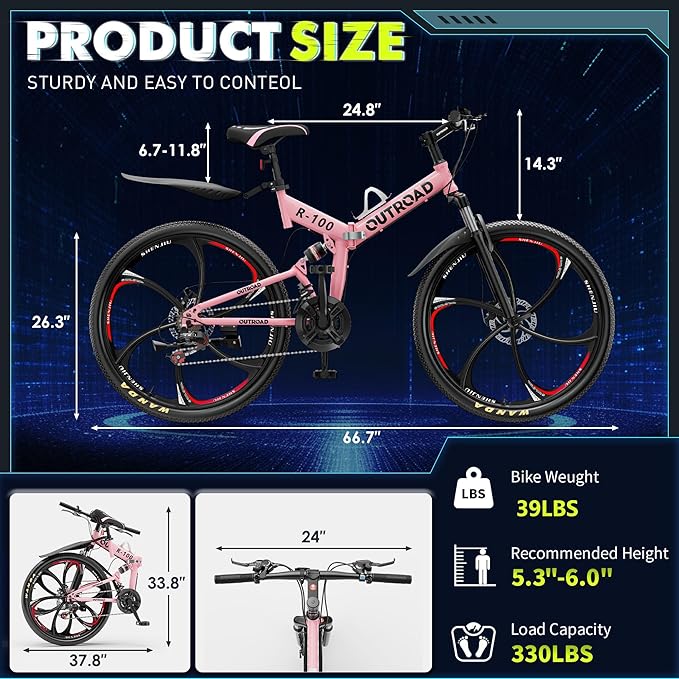 26 Inch Folding Mountain Bike, 21 Speed Full Suspension Bicycle with High-Carbon Steel, Dual Disc Brake Non-Slip Quick Release tire Folding Bicycle for Adults/Men/Women