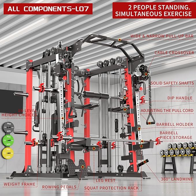 Smith Machine Power Rack Multifunctional Power Cage Deep Squat Rack Cable Crossover System Selectable More Training Attachment for Garage & Home Gym