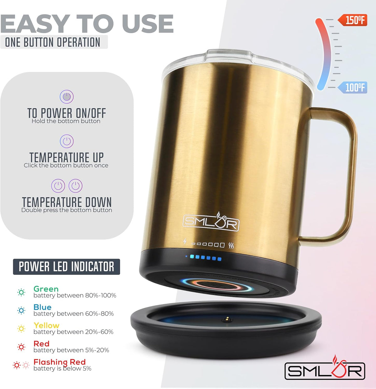 SMLDR Pro Heated Mug, 14 oz Smart Mug, Self-Heating, Adjustable Temperature, Battery Powered, Great for Coffee & Tea, Excellent Gift (Gold)