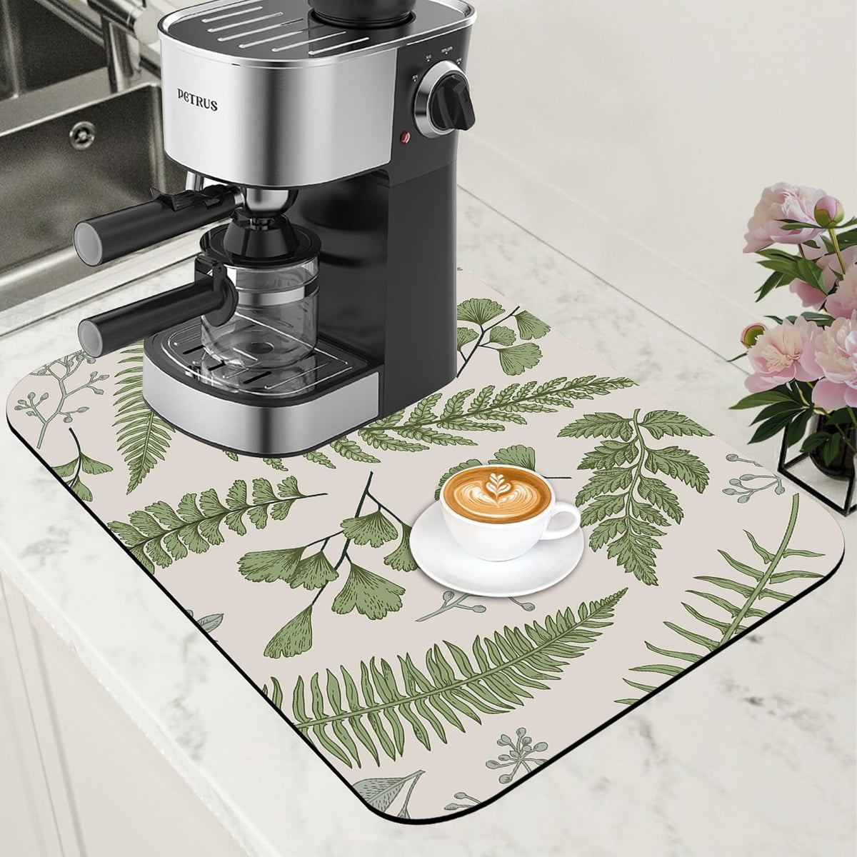 Leaves and Herbs Dish Drying Mat for Kitchen Counter Bar Mat Hide Stain Absorbent Rubber Backed Coffee Maker Espresso Machine Bar Accessories 11.8 x 19.7 Inch