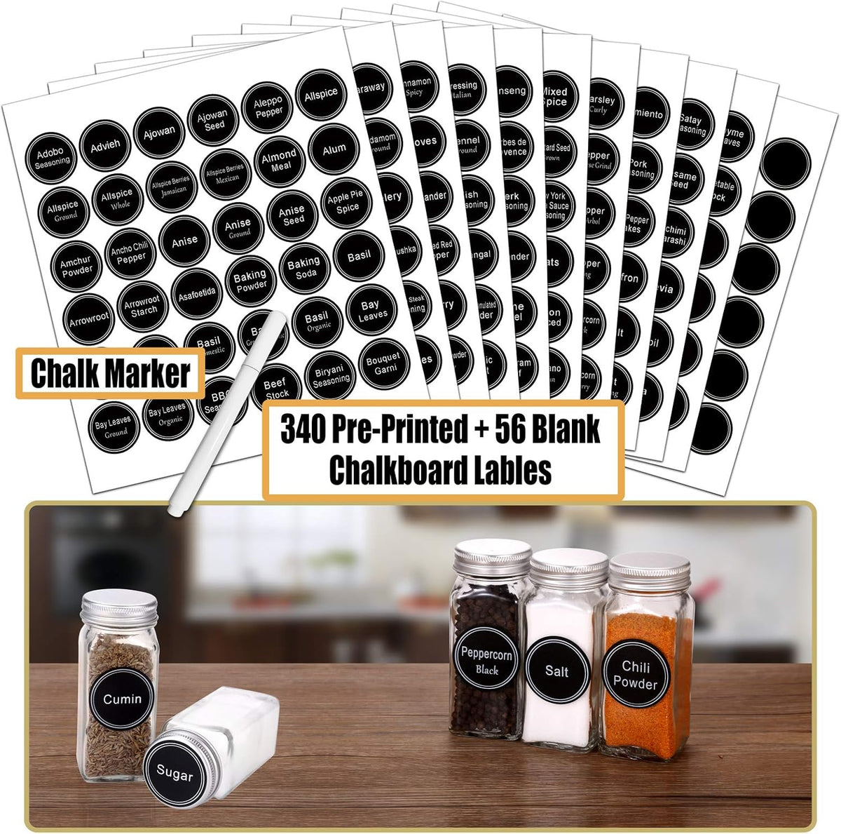 SWOMMOLY 48 Glass Spice Jars with 713 Spice Labels, Chalk Marker and Funnel Complete Set. 48 Square Glass Jars 4OZ, Airtight Cap, Pour/sift Shaker Lid