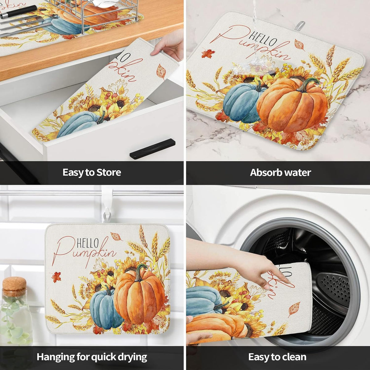 Fall Dish Drying Mat for Kitchen Counter Hello Pumpkin Drying Pad Absorbent Drying Mats for Countertops Sinks Draining Racks Sunflower Ears of Wheat Drainer Holiday Harvest Thanksgiving Decor 16x18