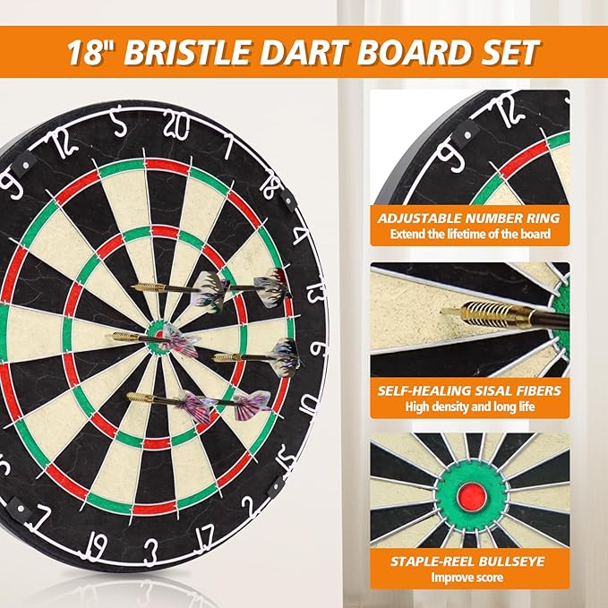 Bristle Dart Board Set, Professional Dart Board 18" with 6pcs 18g Darts Outdoor Dartboard Set, Compressed Sisal Metal Wire Board with Rotating Number Ring