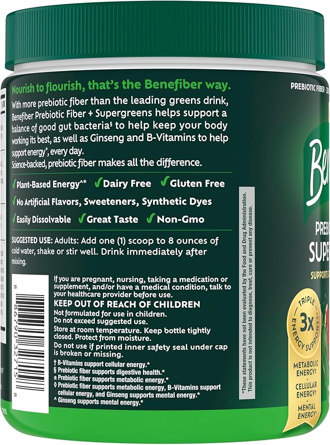 Benefiber Prebiotic Fiber + Supergreens Dietary Supplement Powder, Watermelon Lemonade Flavor, 8.8 oz (250g), 25 Day Supply