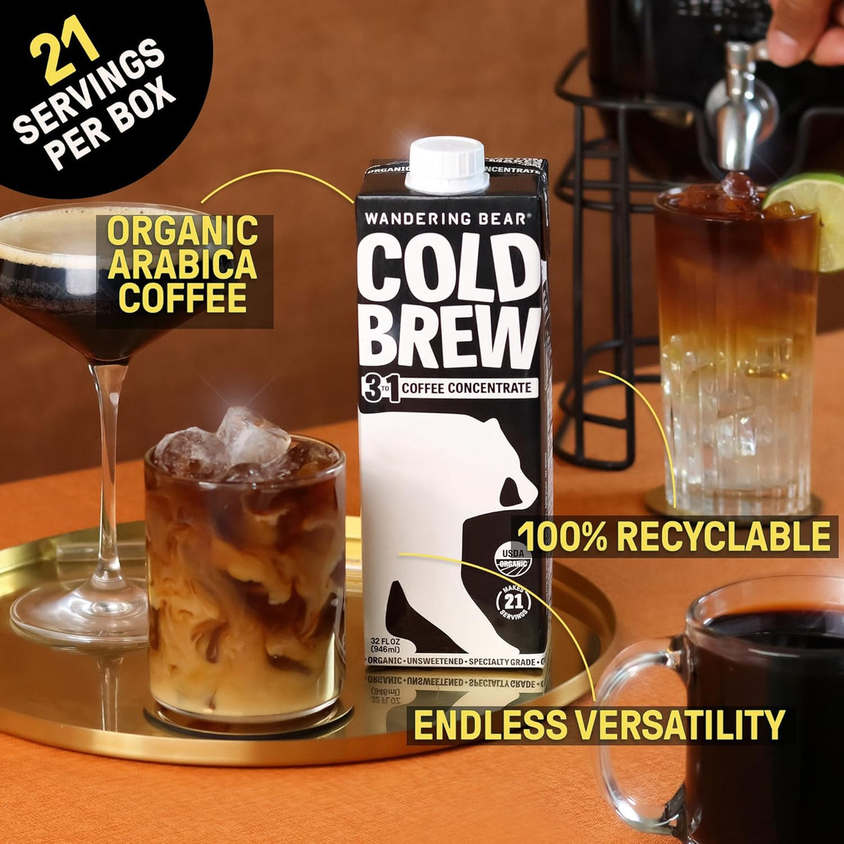 Wandering Bear Organic Unsweetened Extra Strong Cold Brew in a Box Coffee, Shelf-Stable, 21 Servings, Ideal for Wandering Black Concentrate