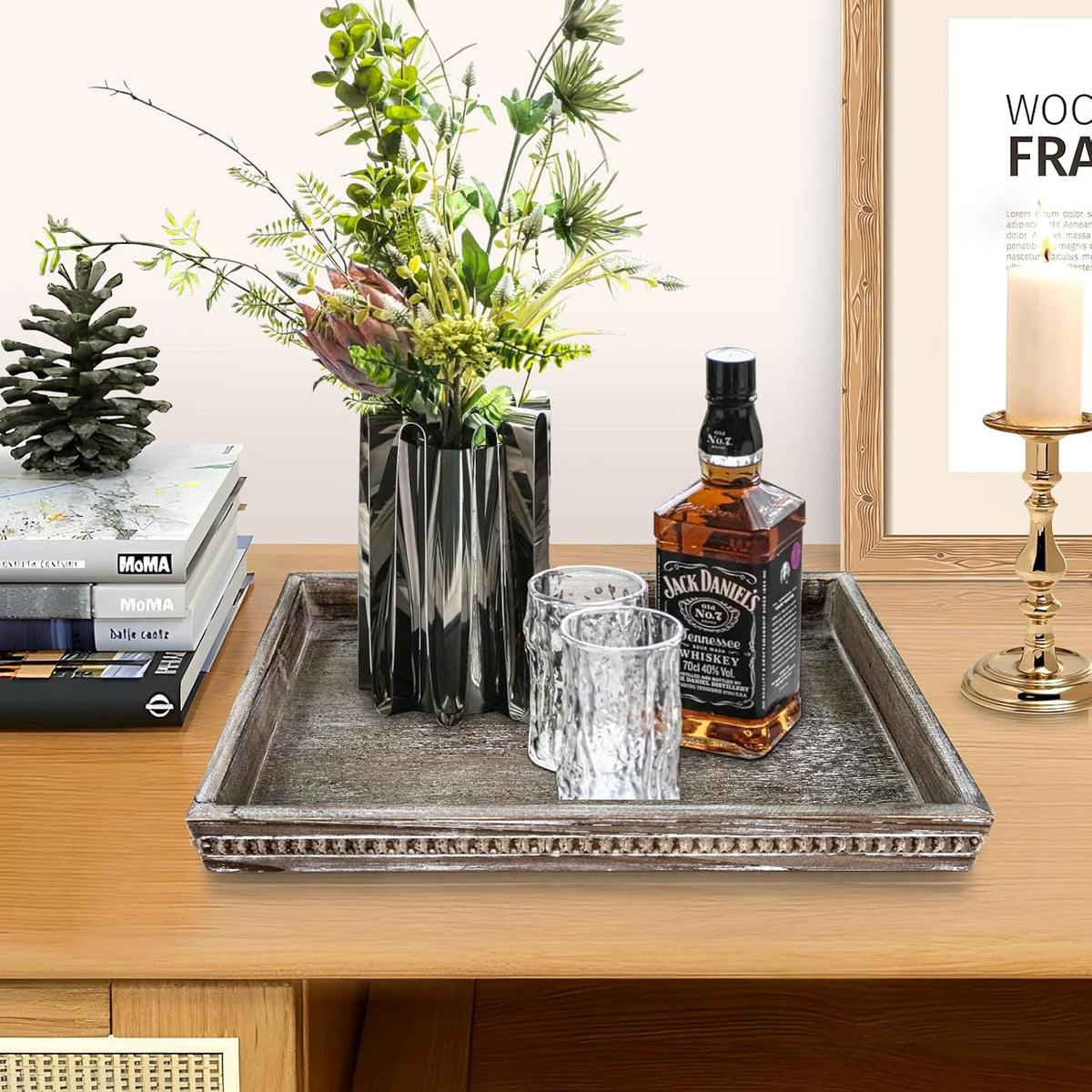 Wooden Decorative Tray, Rectangular Serving Tray with Wood Bead, Farmhouse Big Tray for Ottoman, Countertop, Coffee Tabl, 16.5" x 13"x 1.6" (Retro Brown)