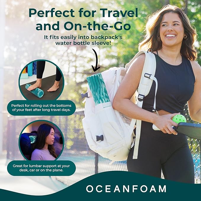 Oceanfoam Ripple Travel Foam Roller (11" x 3.35") Firm Mini Foam Roller for Physical Therapy, Deep Tissue Massage, Back Pain - High Density, Wave Textured - Yoga, Exercise (Jade & Seafoam Marbled)