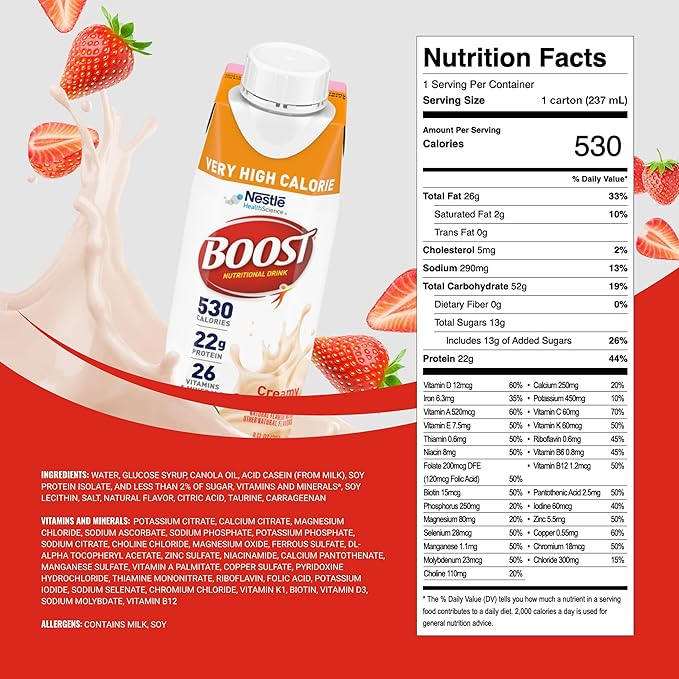 Boost Very High Calorie Strawberry Nutritional Drink – 22g Protein, 530 Nutrient Rich Calories, 8 Fl Oz (Pack of 24)