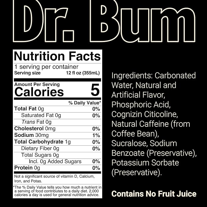 BUM Sugar-Free Energy Drink, Dr BUM - Lightly Carbonated & No Artificial Colors, Natural Caffeine & Citicoline for Energy & Focus, Brain Boost & Workout Sports Beverage - 12 oz, 12-Pack