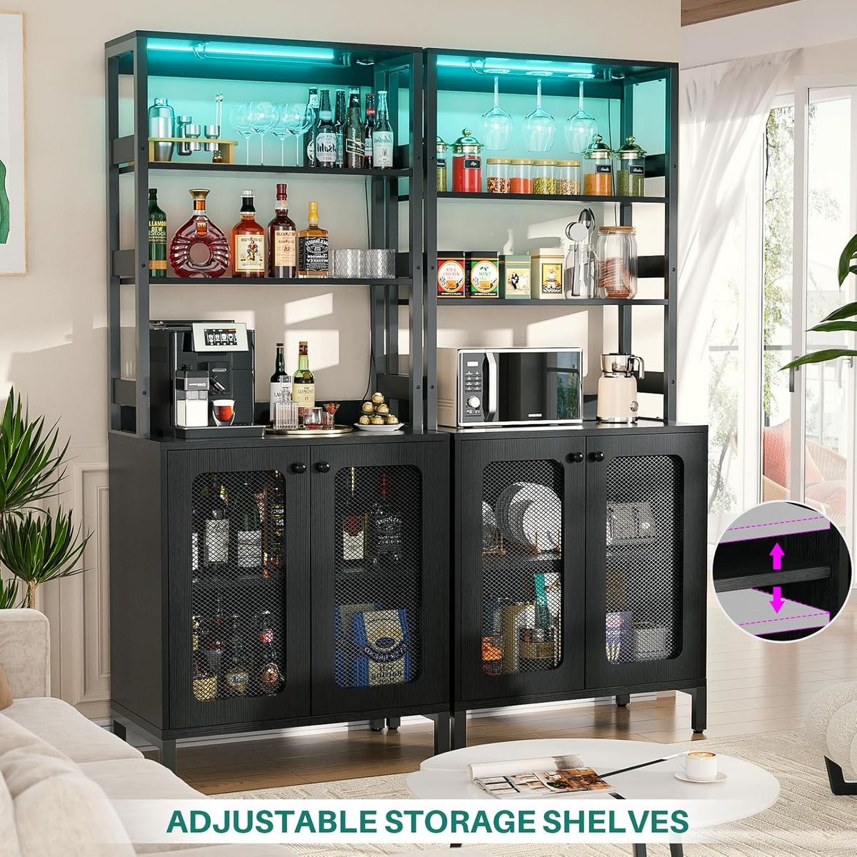 Aheaplus Bar Cabinet with Power Outlets, 67" Tall Wine Bar Cabinet Liquor Cabinets with LED Lights and Glass Holder, Coffee Bars Station for Living Room, Microwave Stand Bakers Rack Cabinets, Black
