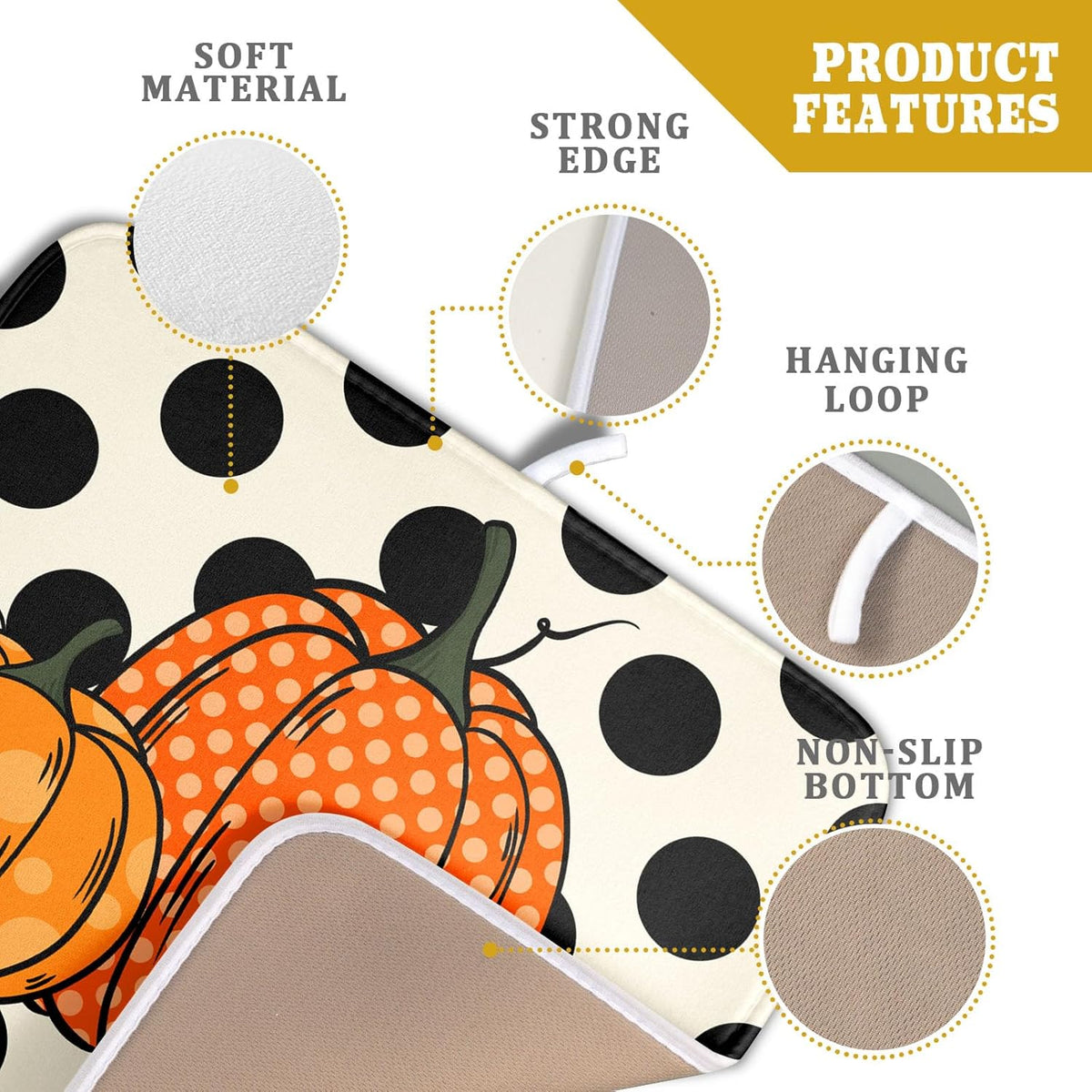 Autumn Pumpkin Dish Drying Mat for Kitchen Counter,Black Round Dot Decoration Drying Mat 16 x 18 Inch with Absorbent Reversible Microfiber Dish Drying Pad Dish Rack Drainer Mat for Coffee Bar