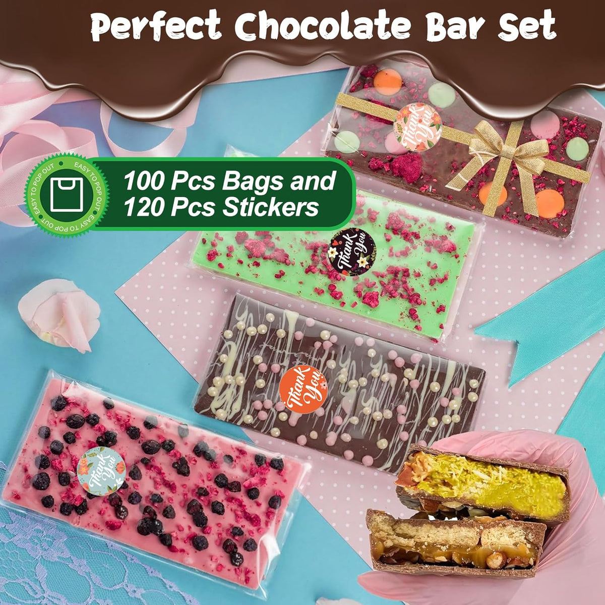 9 in 1 Silicone Break Apart Chocolate Bar Mold with Plastic Bags and Thanks for the stickers,Non Stick Homemade Protein and Energy Bar Mould - 113pcs