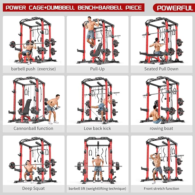 Power Cage Multi-Function Power Rack with Cable Crossover System,1800 LBS Capacity Squat Rack with Weight Bench,for Home Gym
