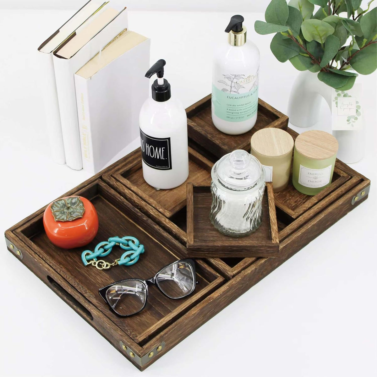 Rustic Wooden Serving Trays with Handle, Serving Platters, Charcuterie Board Set of 7 Nesting Food Trays for Serving Food, Home Decor, Breakfast, Coffee Table, Bed Tray, Picnic