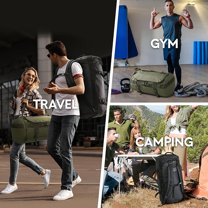 Haimont Duffle Backpack for Men Women, Convertible Travel Duffel Bag Backpack with Shoes Compartment, Heavy Duty Weekender Bags for Sports Gym, Traveling, Camping, Water-resistant, 60L, Black