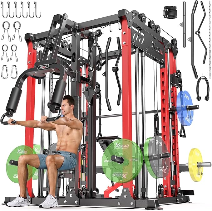 Smith Machine with Cable Crossover System, Multi-Function Power Cage Squat Rack for Home Gym, Power Rack and Packages Weight Sets.