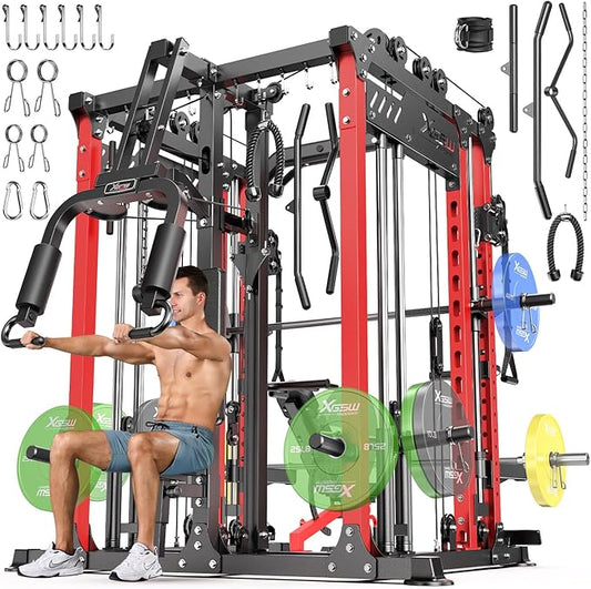 Smith Machine with Cable Crossover System, Multi-Function Power Cage Squat Rack for Home Gym, Power Rack and Packages Weight Sets.