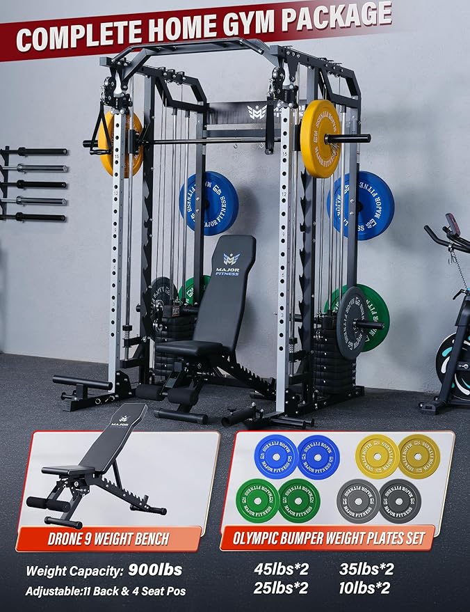 Major Fitness Drone2 Advanced Training Smith Machines– All-in-One Home Gym Squat Rack with Aluminum Pulley Set , Weight Bar, Dual LAT Pull-Down Systems & Cable Crossover Machine for Full-Body Workouts