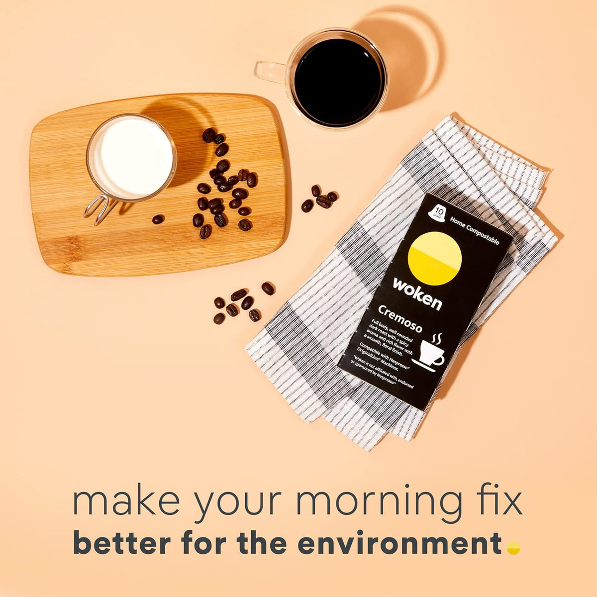 WOKEN COFFEE Compostable Nespresso Pods - Cremoso Dark Roast Italian Espresso Coffee Capsules Compatible With Nespresso Coffee Machine (100 Pod Count, 10 Boxes)
