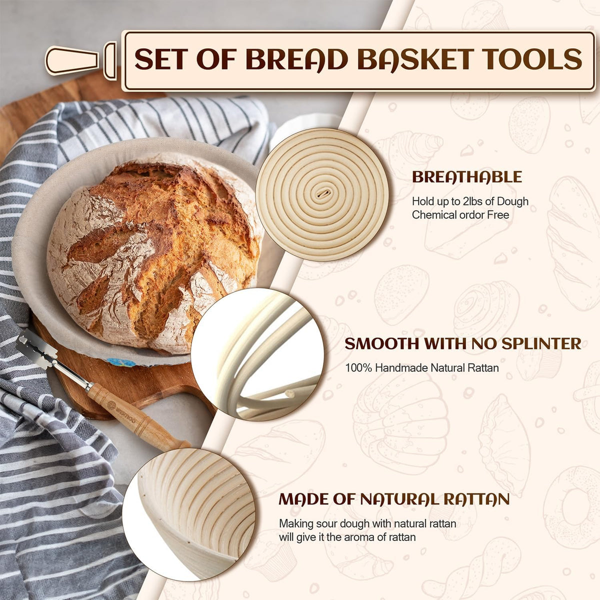 Banneton Bread Proofing Basket Set of 2, 9 Inch Round Sourdough Proofing Basket, Sourdough Starter Kit, Sourdough Bread Baking Supplies with Dough Scraper, Danish Dough Whisk, Bread Lame, Bowl Scraper