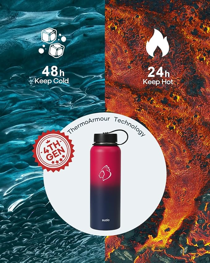 BUZIO 40oz Insulated Water Bottle, Triple Wall Vacuum Stainless Steel Water Flask with 2 lids, Leakproof BPA-Free Straw Lid Sports Canteen Jug, Cold 48H & Hot 24H- Ruby Red Navy
