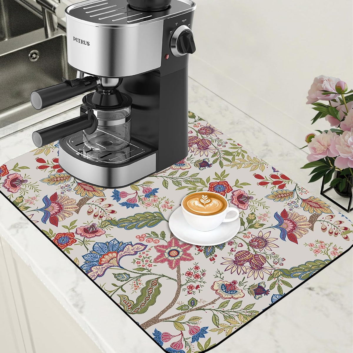 Colorful Flowers Dish Drying Mat for Kitchen Counter Coffee Bar Mat Hide Stain Absorbent Rubber Backed Coffee Maker Espresso Machine Accessories 15.7 x 23.6 Inch