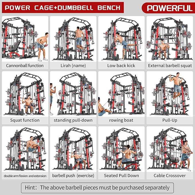 Smith Machine Power Rack Multifunctional Power Cage Deep Squat Rack Cable Crossover System Selectable More Training Attachment for Garage & Home Gym