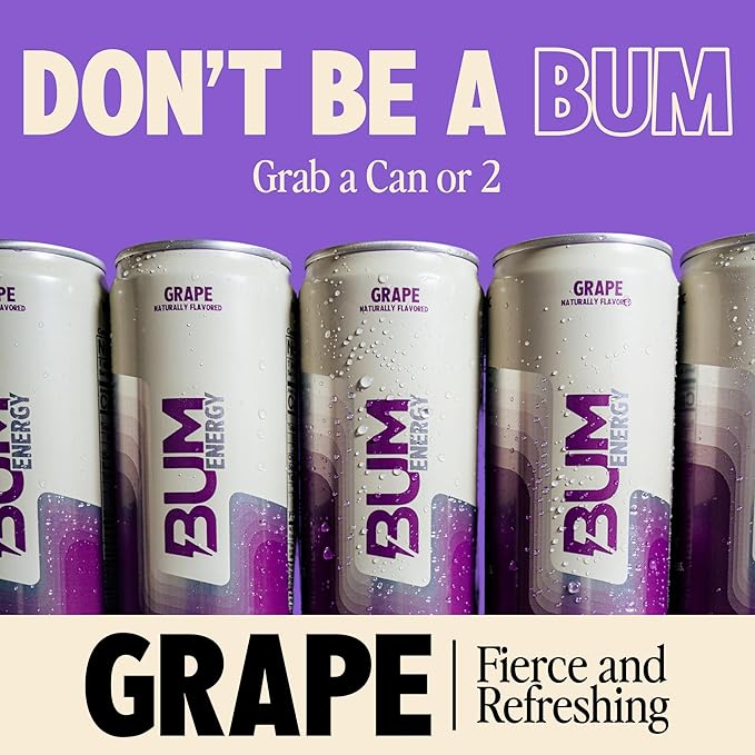 BUM Sugar-Free Energy Drink, Grape - Lightly Carbonated & No Artificial Colors, Natural Caffeine & Citicoline for Energy & Focus, Brain Boost & Workout Sports Beverage - 12 oz, Pack of 12
